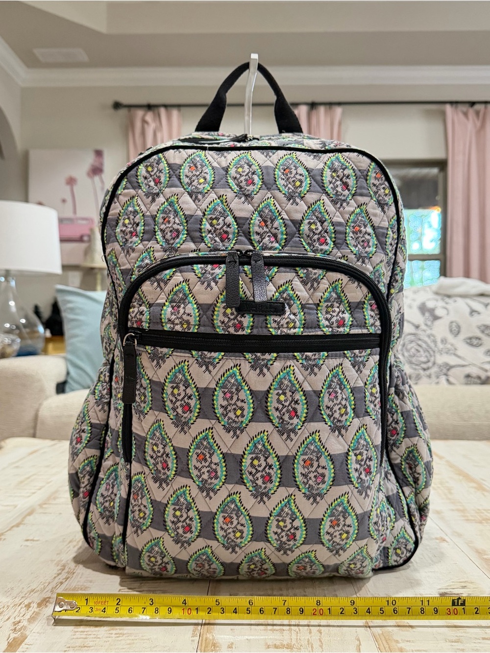 Vera Bradley Backpack Campus Tech Laptop Bag Gray Quilted Green & Pink Accents